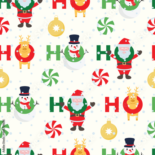 Christmas seamless pattern ho ho ho text with santa, reindeer and snowman cartoon on light cream color background. Seasonal celebration abstract surface. Christmas character vector illustration.