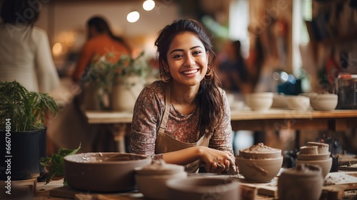 A portrait of an attractive young woman from Southeast Asia in a pottery studio. photo