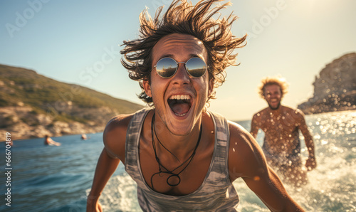 Celebrating Freedom: Carefree Men Jumping in the Sea