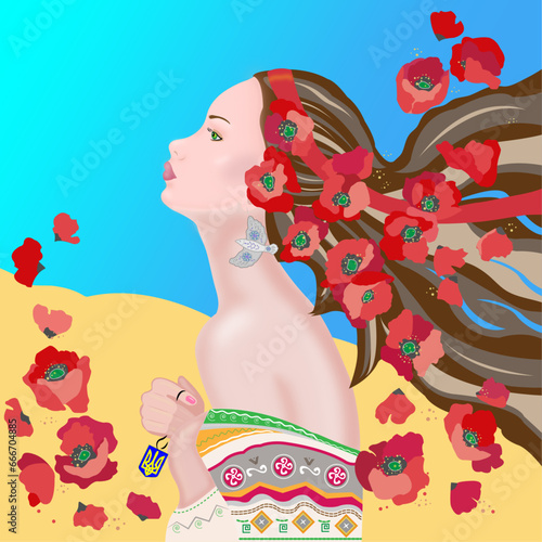 Ukrainian girl with pendant with national emblem of Ukraine and poppies