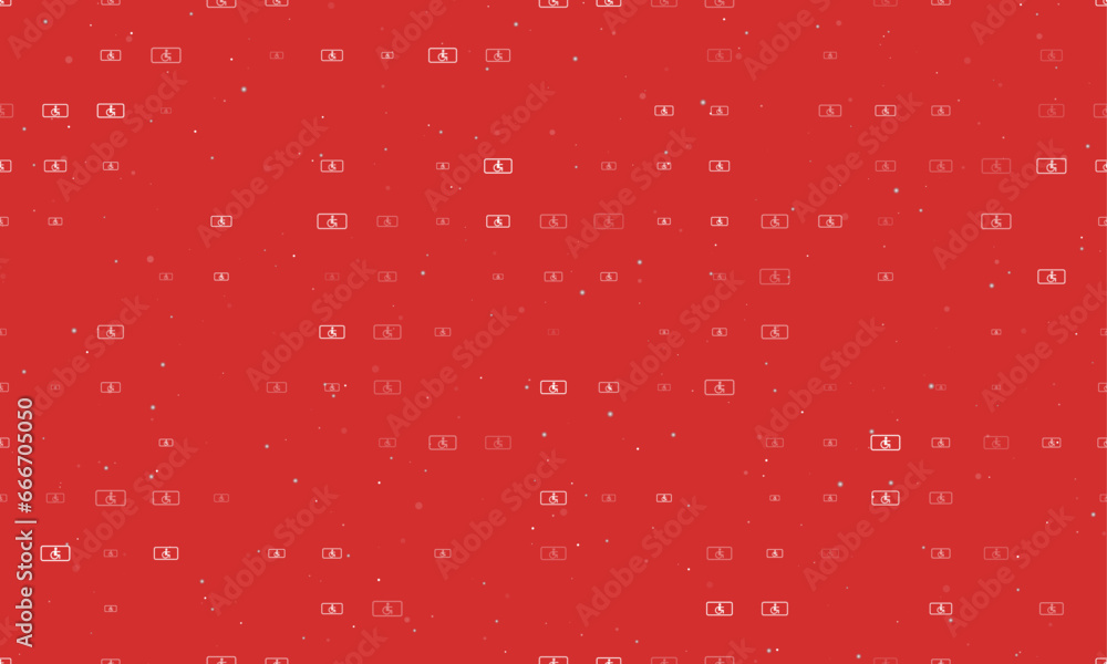 Seamless background pattern of evenly spaced white disabled road signs of different sizes and opacity. Vector illustration on red background with stars Seamless background pattern of evenly spaced white disabled road signs of different sizes and opacity. Vector illustration on red background with stars