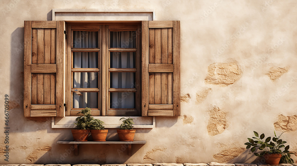 Old ancient wooden window with shutters on facade of old Italian house. Scenic original and colorful view of antique window with flower pots in old city. Atmosphere of tranquility. Copy space. - obrazy, fototapety, plakaty 