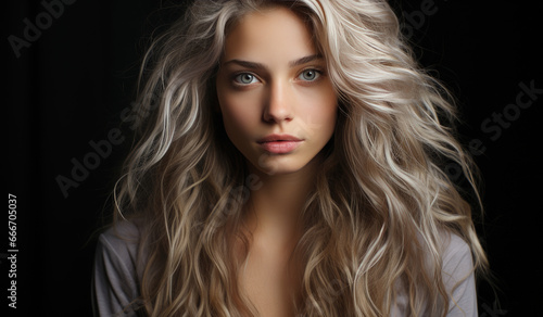 Portrait of young curly platinum blonde woman on dark background