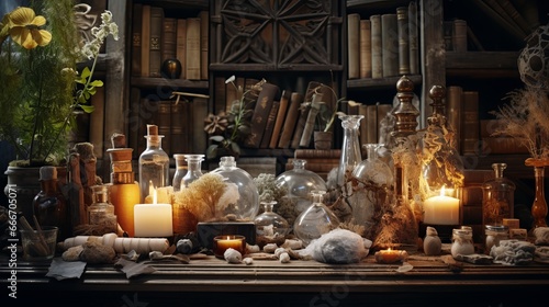A rustic altar that is sepia-toned and features crystals, potions, herbs, and old books. The background is filled with magical objects from esoteric alchemy, pagan Wiccan, and witchcraft,