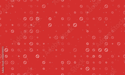 Seamless background pattern of evenly spaced white no parking signs of different sizes and opacity. Vector illustration on red background with stars