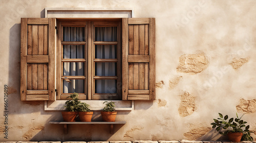 Old ancient wooden window with shutters on facade of old Italian house. Scenic original and colorful view of antique window with flower pots in old city. Atmosphere of tranquility. Copy space.