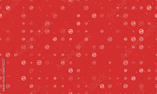 Seamless background pattern of evenly spaced white horning prohibited signs of different sizes and opacity. Vector illustration on red background with stars
