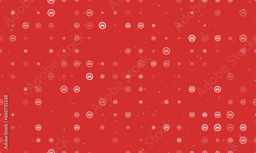 Seamless background pattern of evenly spaced white no car signs of different sizes and opacity. Vector illustration on red background with stars
