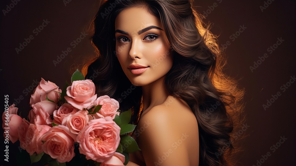 A stunning brunette girl with a big bouquet of roses. A close-up portrait of a beautiful young woman showing off her healthy and clean skin. An attractive woman with bright makeup.