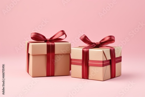 Two gift boxes with red ribbon on pink background, with copy space for text