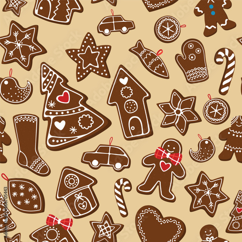 Christmas seamless pattern with Christmas gingerbread. Ball, socks, houses, gingerbread, stick, tree ad other. Christmas Gingerbread  Collection