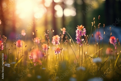  The landscape of colorful flowers in a forest with the focus on the setting sun. Soft focus