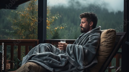 A stylish man in a blanket relaxes on the porch of a wooden cabin during a rainy day in the mountains with a backdrop of woods and mountains, creating a perfect atmosphere for texting.