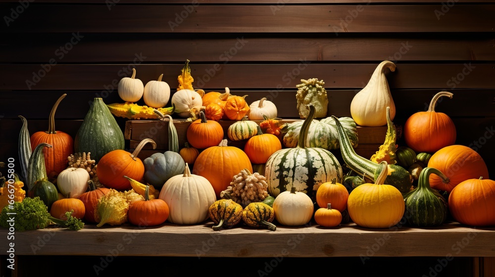 A vertical display of various pumpkins in a mood
