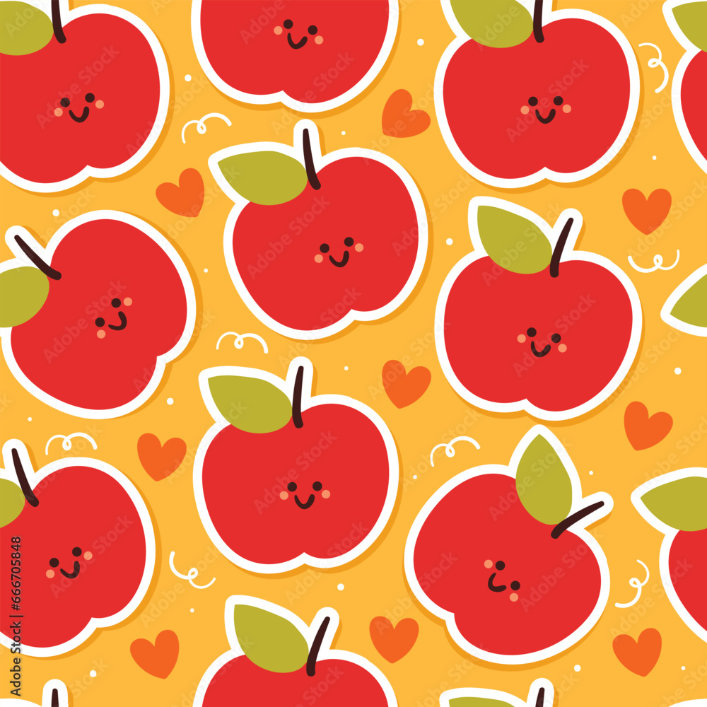 seamless pattern cartoon apple character with hearts in yellow background. cute fruit wallpaper for gift wrap paper seamless pattern cartoon apple character with hearts in yellow background. cute fruit wallpaper for gift wrap paper