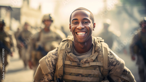 Happy young american soldier returning home from the army photo