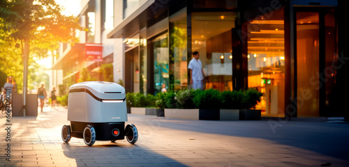 A modern automated food delivery robot drives along a city street. Autonomous innovation bot for parcel delivery shipping. Economical, Eco-friendly and Energy Efficient Futuristic Deliveries; delivery