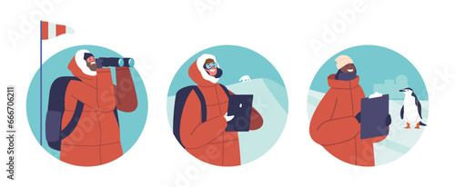Isolated Round Icons Or Avatars Polar Scientist Male And Female Characters Study Polar Regions, Researching Ice, Climate