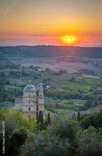 View of Tempio di San Biagio Church at sunset, Montepulciano, Province of Siena, Tuscany photo