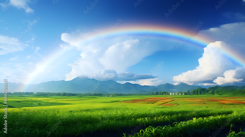 rainbow over green field. Generative AI rainbow over green field. Generative AI