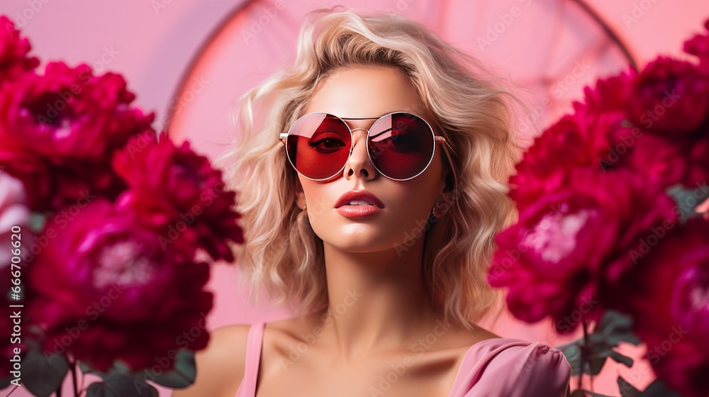 A portrait of a beautiful blonde woman wearing a pink ribbed jumpsuit and sunglasses with pink peonies surrounding her. Healthy skin and pink makeup with a pink and purple background. A portrait of a beautiful blonde woman wearing a pink ribbed jumpsuit and sunglasses with pink peonies surrounding her. Healthy skin and pink makeup with a pink and purple background.