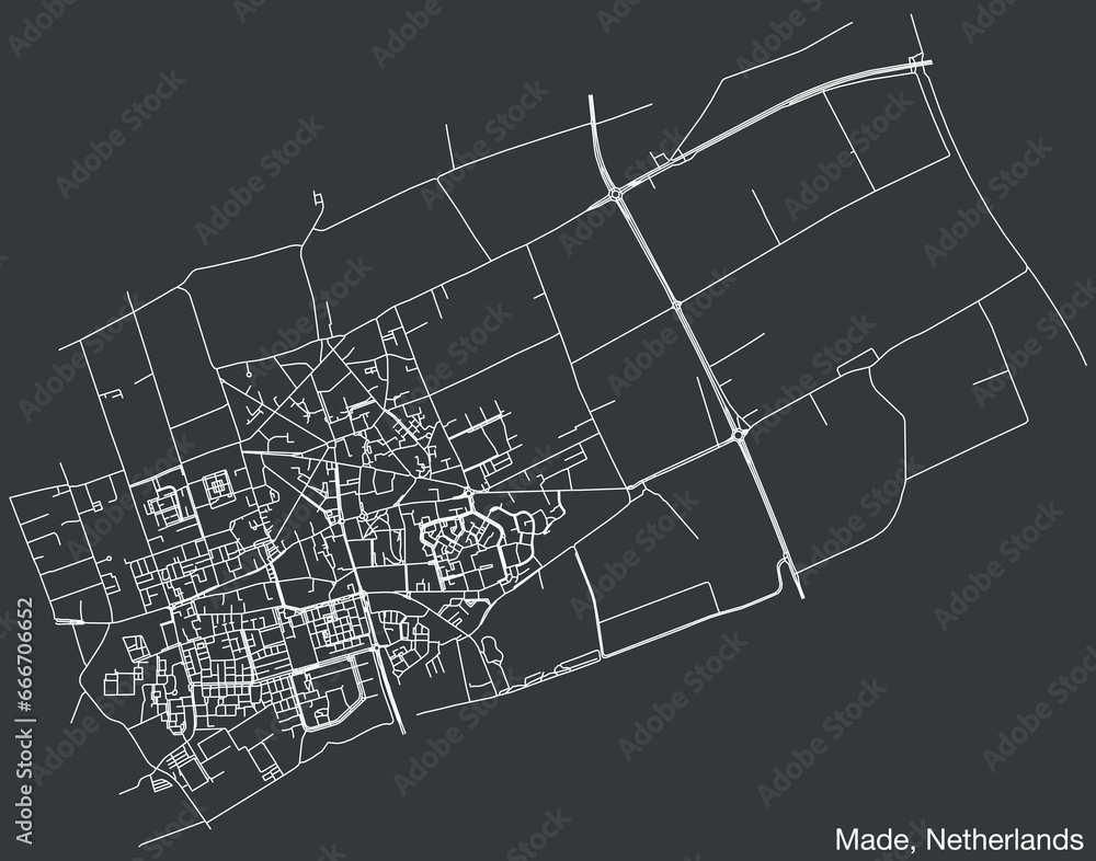 Obraz premium Detailed hand-drawn navigational urban street roads map of the Dutch city of MADE, NETHERLANDS with solid road lines and name tag on vintage background