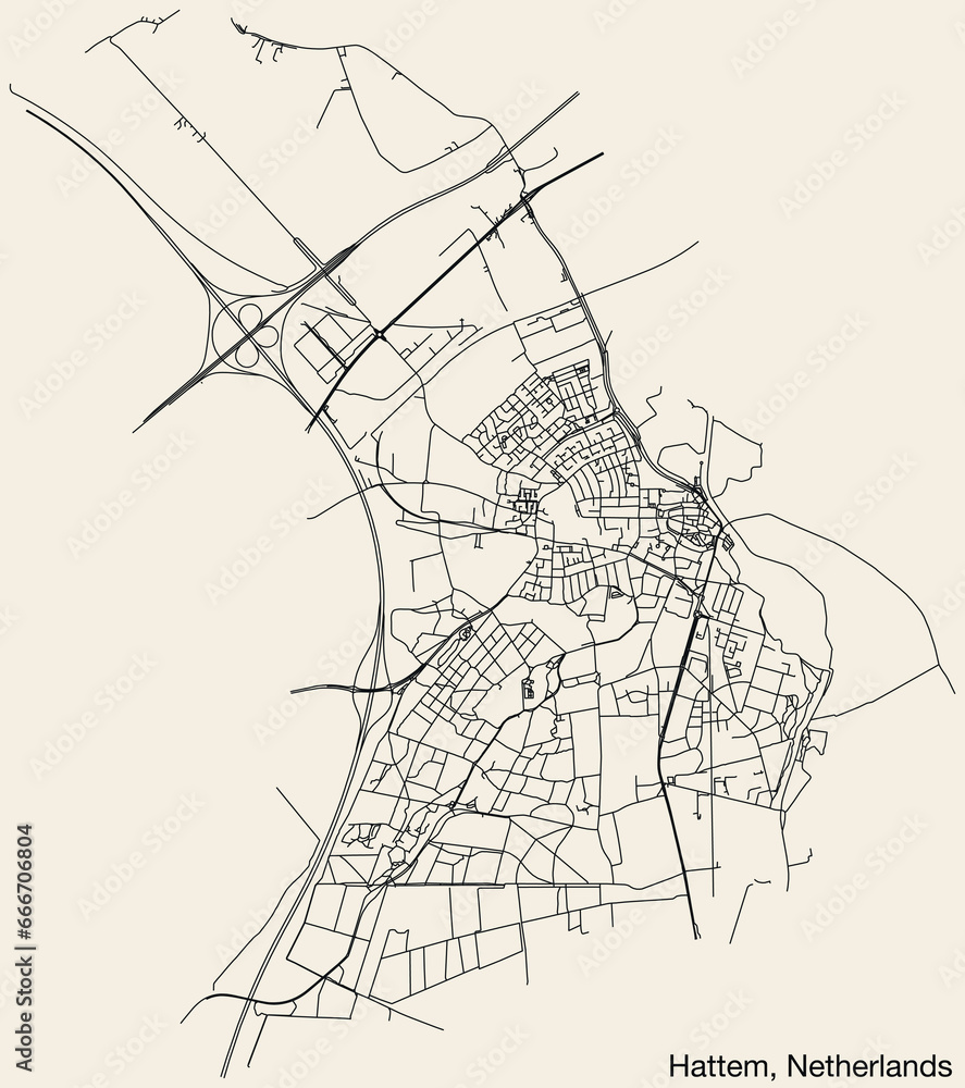 Detailed hand-drawn navigational urban street roads map of the Dutch city of HATTEM, NETHERLANDS with solid road lines and name tag on vintage background Detailed hand-drawn navigational urban street roads map of the Dutch city of HATTEM, NETHERLANDS with solid road lines and name tag on vintage background