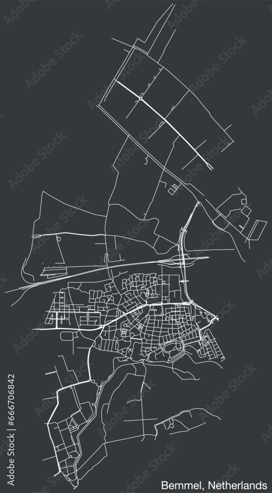 Detailed hand-drawn navigational urban street roads map of the Dutch city of BEMMEL, NETHERLANDS with solid road lines and name tag on vintage background