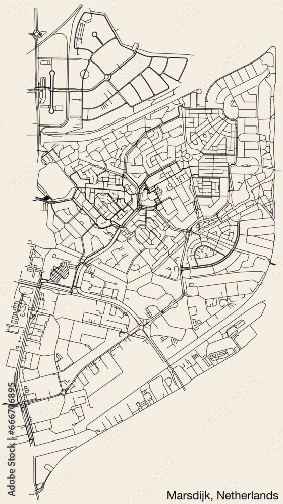 Detailed hand-drawn navigational urban street roads map of the Dutch city of MARSDIJK, NETHERLANDS with solid road lines and name tag on vintage background