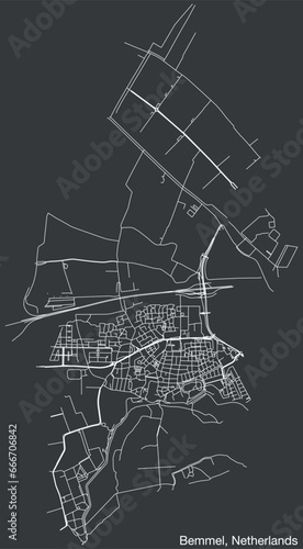 Detailed hand-drawn navigational urban street roads map of the Dutch city of BEMMEL, NETHERLANDS with solid road lines and name tag on vintage background