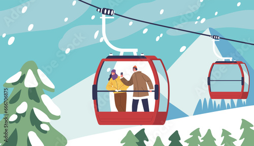 Adventurous Couple Characters Suspended Mid-air, Embraced By A Cable Car Gentle Sway. Faces Filled With Awe