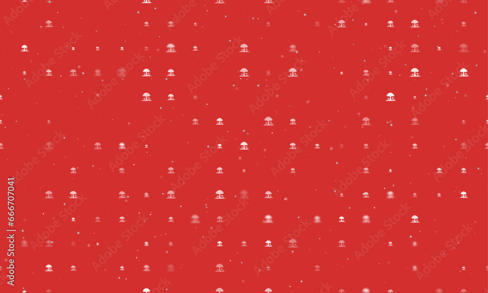Seamless background pattern of evenly spaced white mushrooms symbols of different sizes and opacity. Vector illustration on red background with stars