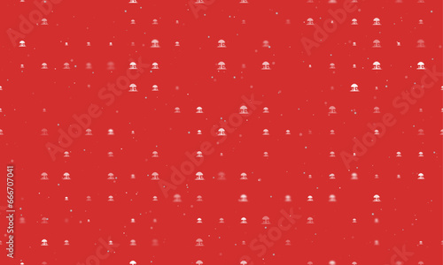 Seamless background pattern of evenly spaced white mushrooms symbols of different sizes and opacity. Vector illustration on red background with stars