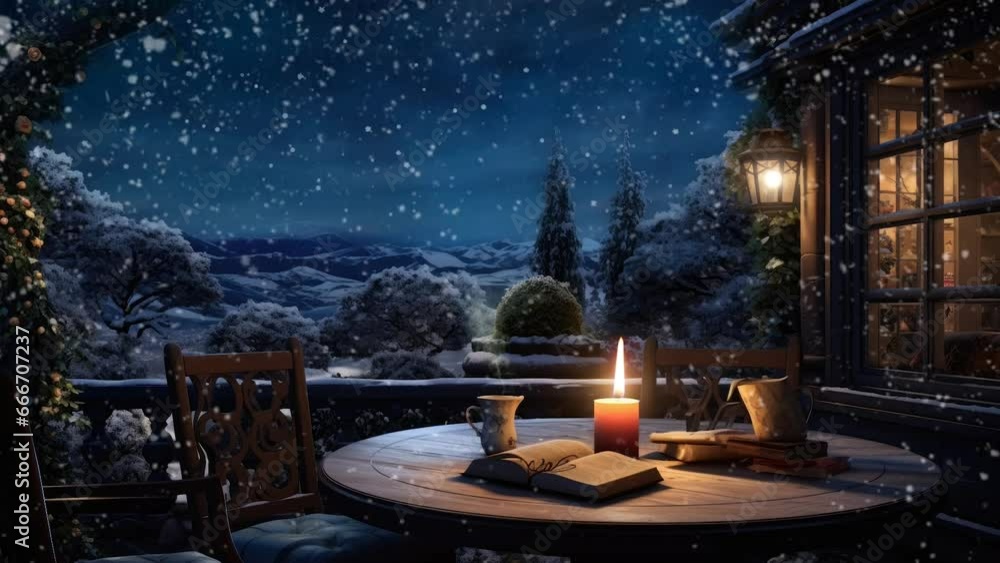 view of the house during snowfall with night light decoration with anime or cartoon style. seamless looping time-lapse virtual video animation background. view of the house during snowfall with night light decoration with anime or cartoon style. seamless looping time-lapse virtual video animation background.