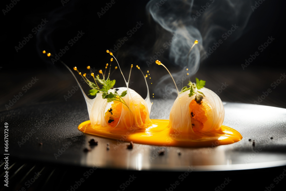 Beautifully presented Michelin star restaurant dish on a plate, black background. Refined and elegant cuisine, fine dinning - obrazy, fototapety, plakaty 