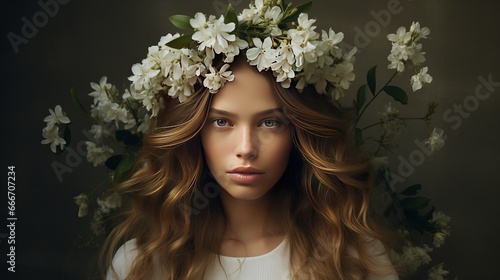 A spring fashion photo shows a young woman with white flowers on her head.