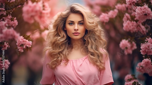 A spring girl wearing fragrant pink flowers in a park full of blooming plants. A woman in a blooming garden with fashion cosmetics and perfumes. Curly blonde hair.