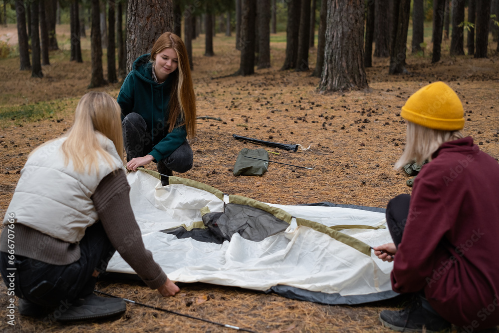 Three happy women setting up their camp after a hike through the woods. Strong girls traveling alone and pitching a tent in the forest on their own.
