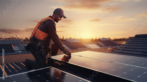 Portrait of handyman in helmet and gloves installs solar panels
