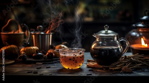 A witch's kitchen decorated for Halloween features a cauldron filled with poisoned soup and copy space.