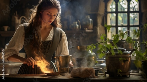 A woman dressed in a medieval costume is working as an alchemist or witch in the kitchen of a French medieval castle that has been released from its property