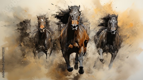 Four dark brown Camargue Horses galloping in the desert. Spain