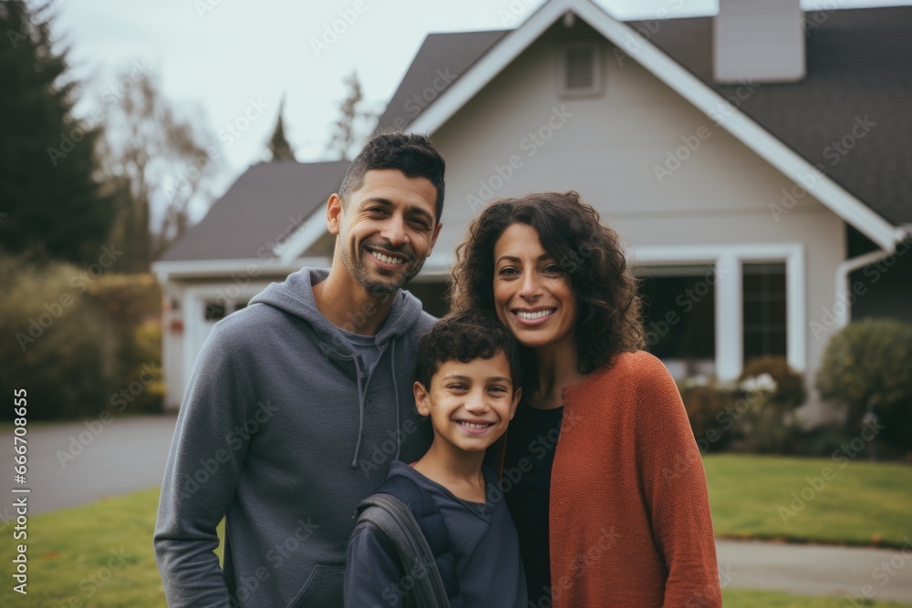 Portrait of a happy young family in front of a house