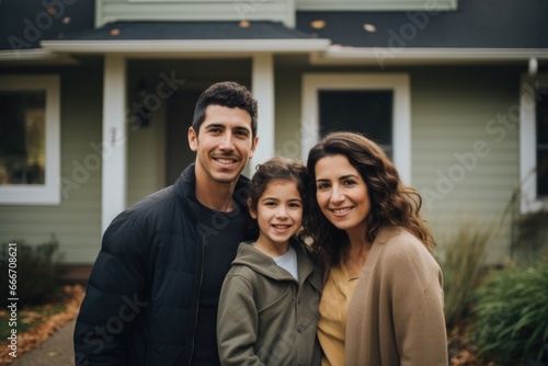 Portrait of a happy young family in front of a house © Baba Images