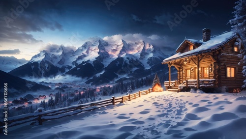 "Winter's Serene Retreat: A Log Cabin Beneath the Alpine Majesty"