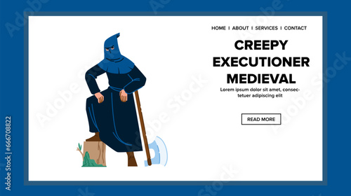 horror chreepy executioner medieval vector. creepy scary, blood death, torture killer horror chreepy executioner medieval web flat cartoon illustration
