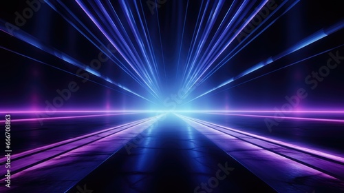 Abstract futuristic background with pink blue glowing neon moving high speed lines and bokeh lights.