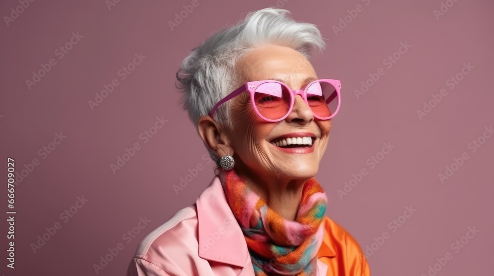 Happy elderly woman in colorful Casual outfit Wear sunglasses and an extravagant style. laugh and smile Trendy grandma poses in the studio. - obrazy, fototapety, plakaty 