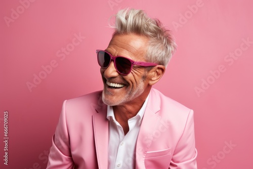 Happy elderly man in colorful suit Wear sunglasses and extravagant style, Laugh and smile happily.