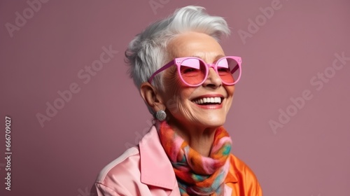 Happy elderly woman in colorful Casual outfit Wear sunglasses and an extravagant style. laugh and smile Trendy grandma poses in the studio. photo
